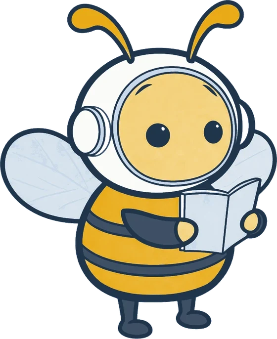 A golden astronaut bee reads a notebook.