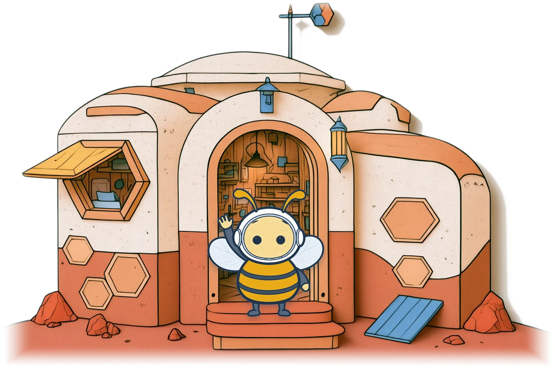 A cut-paper hive-house on Mars. In its arched doorway, a golden astronaut bee waves hello.